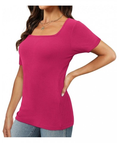 Womens Short Sleeve Square Neck Tops 2024 Spring Summer Slim Fit Tees Shirts A Short Sleeve Ribbed Pink $8.99 T-Shirts