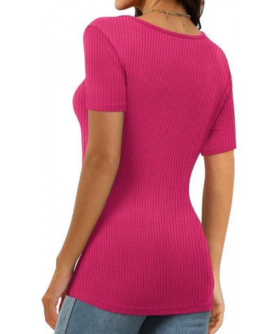 Womens Short Sleeve Square Neck Tops 2024 Spring Summer Slim Fit Tees Shirts A Short Sleeve Ribbed Pink $8.99 T-Shirts