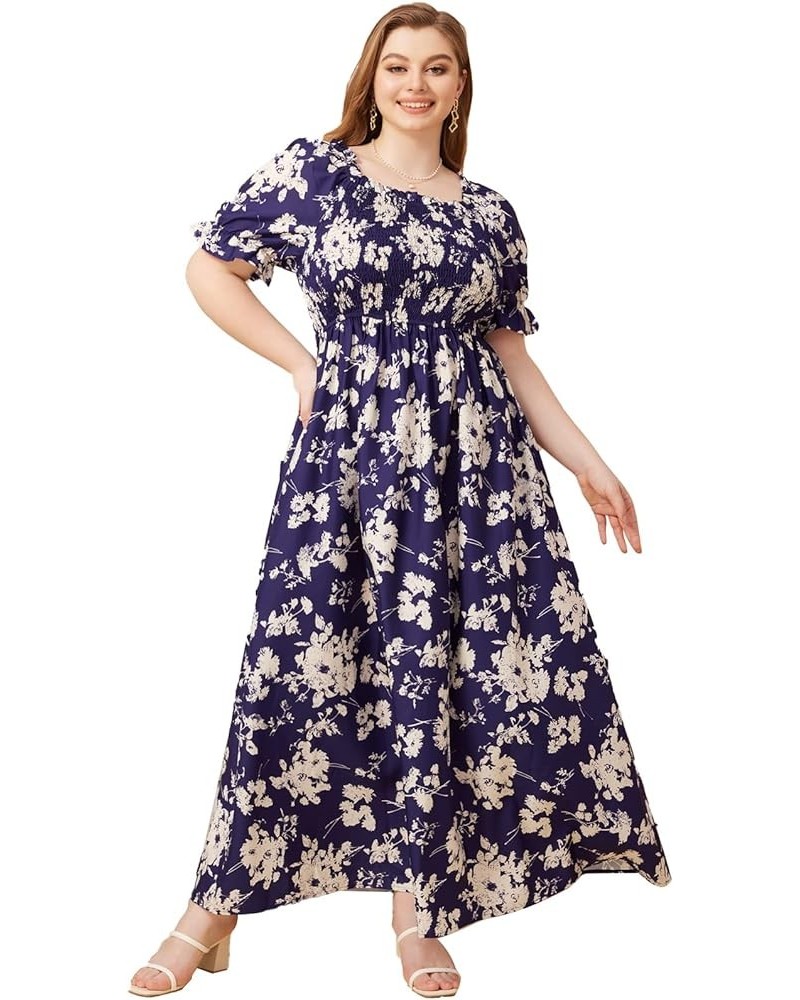 Women's Plus Size Boho Casual Dress Floral Short Sleeve Shirred Square Neck Maxi Flomal Dress Violet Purple B $22.68 Dresses