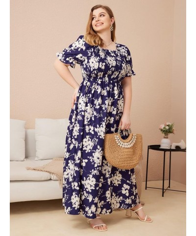 Women's Plus Size Boho Casual Dress Floral Short Sleeve Shirred Square Neck Maxi Flomal Dress Violet Purple B $22.68 Dresses