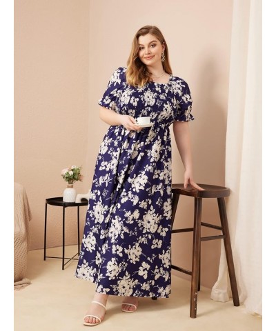 Women's Plus Size Boho Casual Dress Floral Short Sleeve Shirred Square Neck Maxi Flomal Dress Violet Purple B $22.68 Dresses