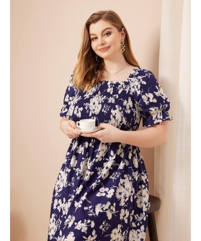 Women's Plus Size Boho Casual Dress Floral Short Sleeve Shirred Square Neck Maxi Flomal Dress Violet Purple B $22.68 Dresses