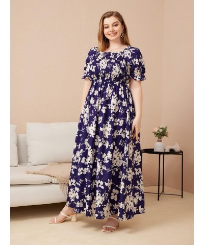 Women's Plus Size Boho Casual Dress Floral Short Sleeve Shirred Square Neck Maxi Flomal Dress Violet Purple B $22.68 Dresses