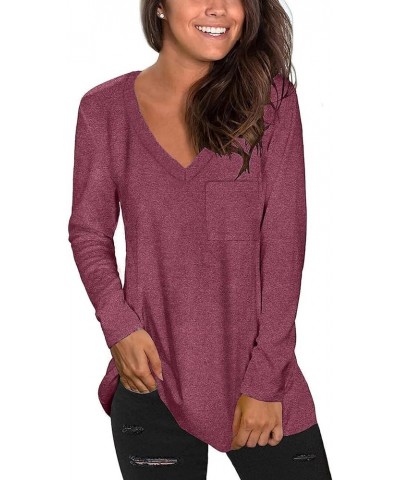 Women's Long Sleeve V-Neck Shirts Loose Casual Tee T-Shirt with Pocket D04-wine Red $10.90 Tops