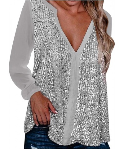 T Shirt Women's Sequin Stitched Top Shirt Long Sleeve Solid Top Women's Round Neck Long Shirts for Leggings Za-silver $13.19 ...