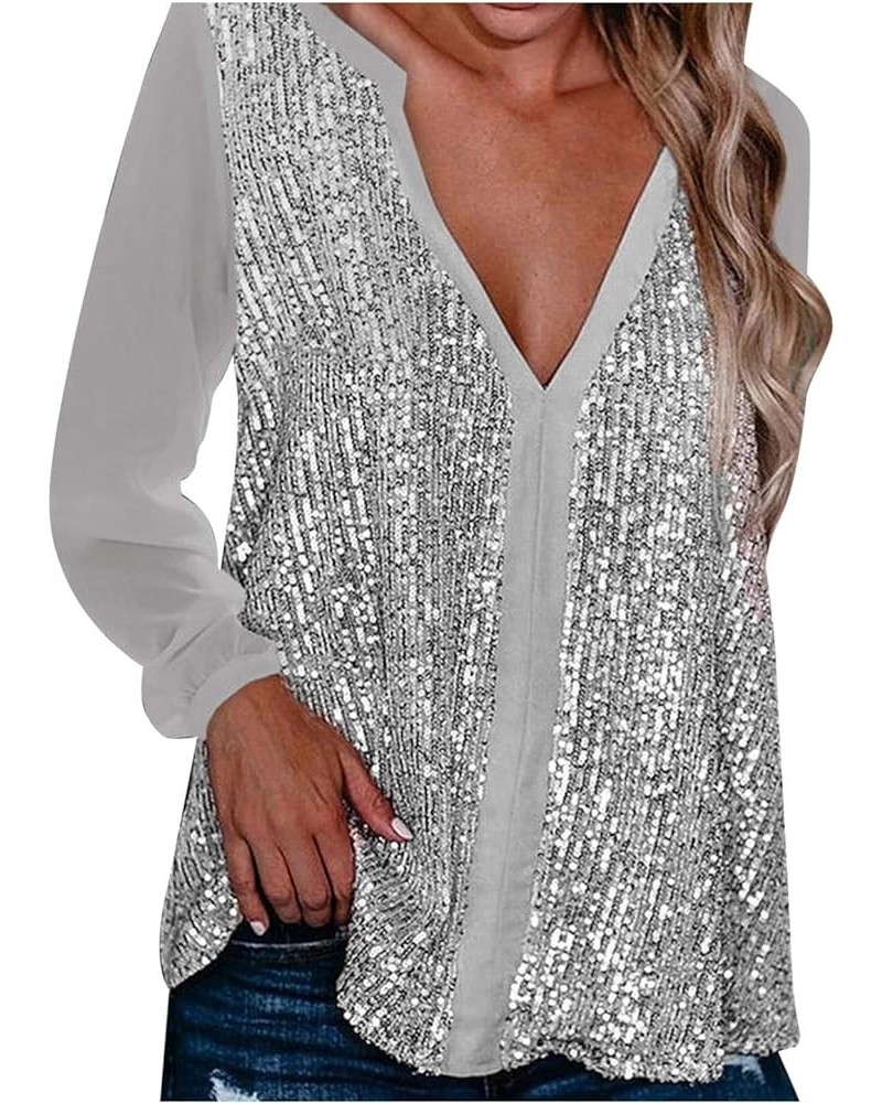 T Shirt Women's Sequin Stitched Top Shirt Long Sleeve Solid Top Women's Round Neck Long Shirts for Leggings Za-silver $13.19 ...