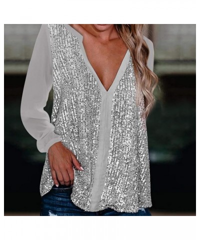 T Shirt Women's Sequin Stitched Top Shirt Long Sleeve Solid Top Women's Round Neck Long Shirts for Leggings Za-silver $13.19 ...