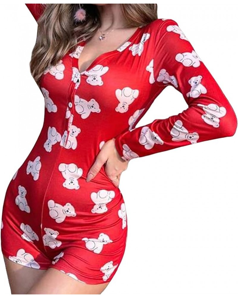 Women Onesies Christmas Jumpsuit Pajama Long Sleeve Deep V Neck Shorts Romper Sexy Bodycon One Piece Bodysuit Bear Red $11.59...