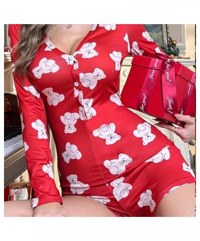 Women Onesies Christmas Jumpsuit Pajama Long Sleeve Deep V Neck Shorts Romper Sexy Bodycon One Piece Bodysuit Bear Red $11.59...