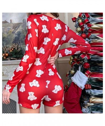 Women Onesies Christmas Jumpsuit Pajama Long Sleeve Deep V Neck Shorts Romper Sexy Bodycon One Piece Bodysuit Bear Red $11.59...