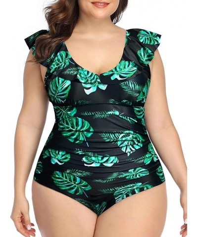 Ruffled Plus Size One Piece Swimsuits for Women Tummy Control Bathing Suits Flounce Vintage Swimwear Black and Leaf $18.35 Sw...