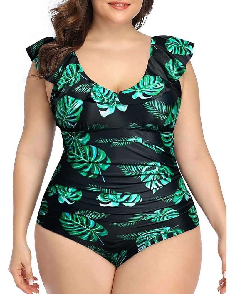 Ruffled Plus Size One Piece Swimsuits for Women Tummy Control Bathing Suits Flounce Vintage Swimwear Black and Leaf $18.35 Sw...