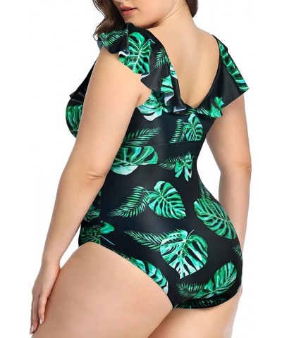 Ruffled Plus Size One Piece Swimsuits for Women Tummy Control Bathing Suits Flounce Vintage Swimwear Black and Leaf $18.35 Sw...