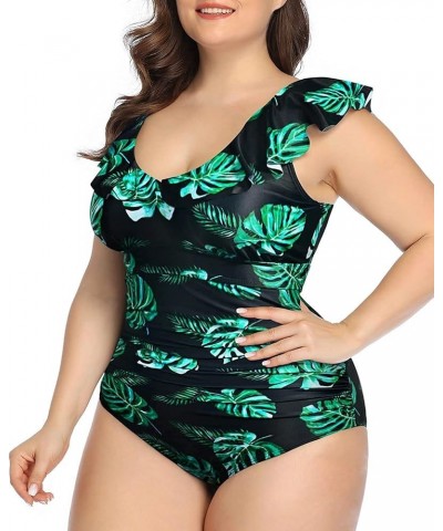 Ruffled Plus Size One Piece Swimsuits for Women Tummy Control Bathing Suits Flounce Vintage Swimwear Black and Leaf $18.35 Sw...