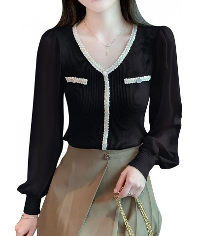 Women's V-Neck Sweaters Long Sleeve Button Knit Tops Casual Blouse 24237 Black $18.35 Sweaters