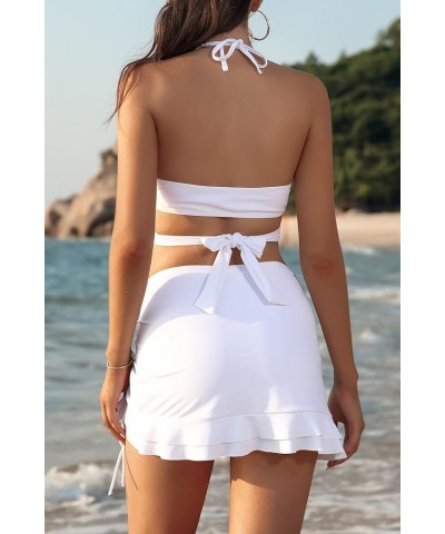 Women's Swim Skirt Push Up Halter Bikini Ruffled High Waisted Drawstring Two Piece Swimsuits White $15.98 Swimsuits