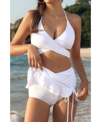 Women's Swim Skirt Push Up Halter Bikini Ruffled High Waisted Drawstring Two Piece Swimsuits White $15.98 Swimsuits