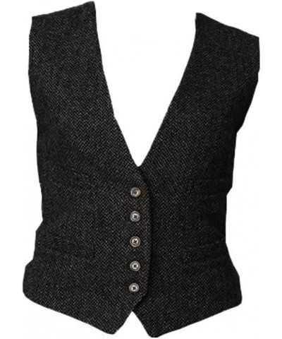 Women's Formal Herringbone Tweed Suits Vest V-Neck Casual Waistcoat Black $14.72 Vests