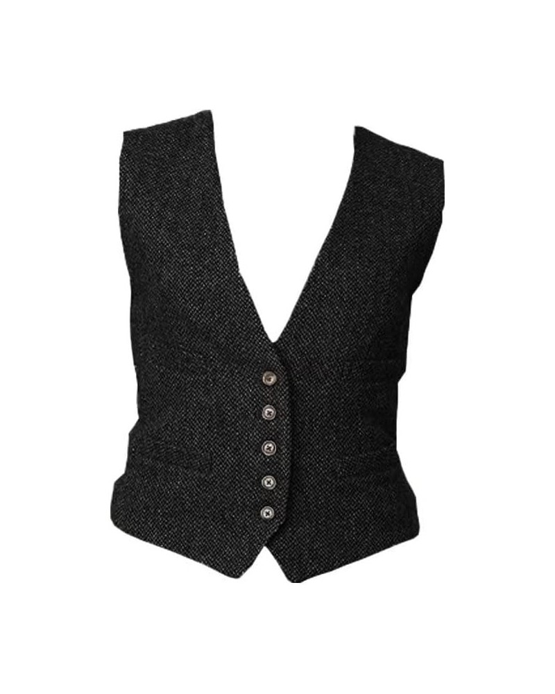 Women's Formal Herringbone Tweed Suits Vest V-Neck Casual Waistcoat Black $14.72 Vests