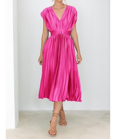 Elegant Satin V Neck Pleated Midi Dress Short Sleeve Formal High Waisted Flowy Long Summer Dresses for Women 2023 Rose Red $2...