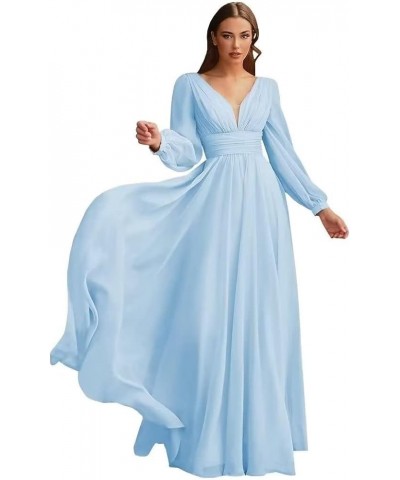 Chiffon Bridesmaid Dresses Long Pleated for Women V Neck Formal Party Maxi Gown with Long Puffy Sleeves DR0109 Light Blue $38...