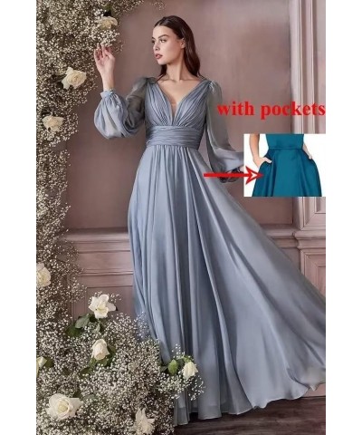 Chiffon Bridesmaid Dresses Long Pleated for Women V Neck Formal Party Maxi Gown with Long Puffy Sleeves DR0109 Light Blue $38...