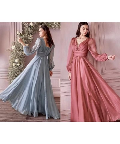 Chiffon Bridesmaid Dresses Long Pleated for Women V Neck Formal Party Maxi Gown with Long Puffy Sleeves DR0109 Light Blue $38...