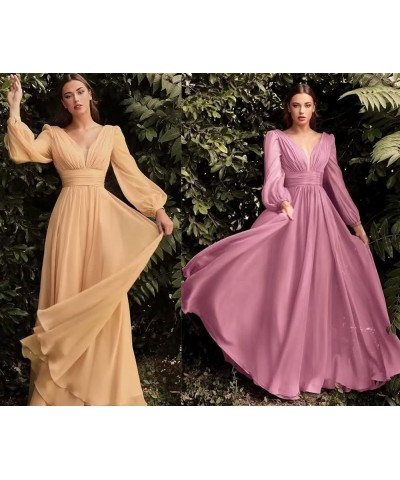 Chiffon Bridesmaid Dresses Long Pleated for Women V Neck Formal Party Maxi Gown with Long Puffy Sleeves DR0109 Light Blue $38...