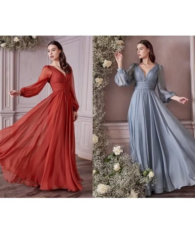 Chiffon Bridesmaid Dresses Long Pleated for Women V Neck Formal Party Maxi Gown with Long Puffy Sleeves DR0109 Light Blue $38...