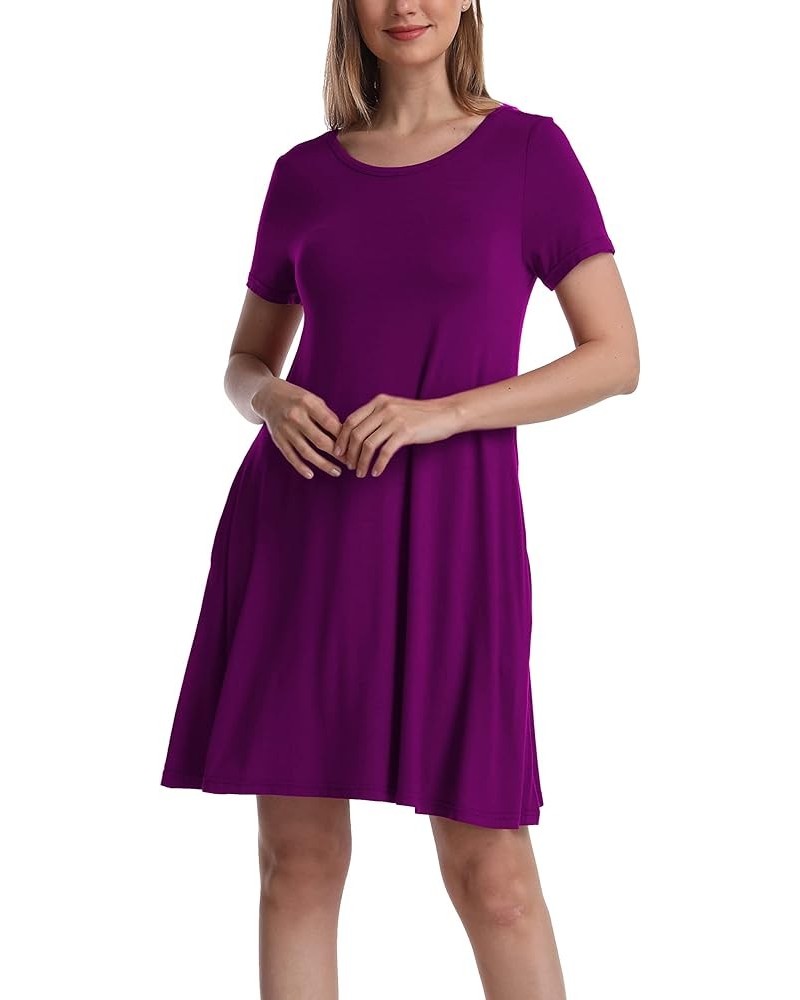 Women Casual Crewneck Short Sleeve Pockets Swing T-Shirt Dress Purple $11.75 Dresses