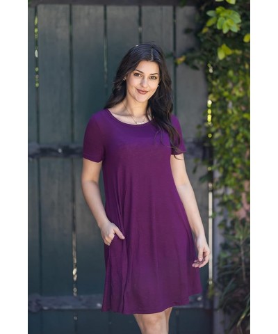 Women Casual Crewneck Short Sleeve Pockets Swing T-Shirt Dress Purple $11.75 Dresses