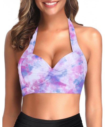 Women Bikini Top Push Up Swim Top Halter Retro Bathing Suit Top Padded Swimsuit Top Only Purple Tie Dye $13.44 Swimsuits