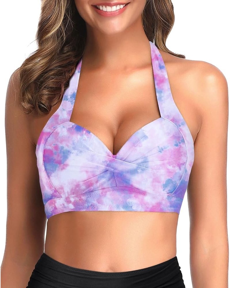 Women Bikini Top Push Up Swim Top Halter Retro Bathing Suit Top Padded Swimsuit Top Only Purple Tie Dye $13.44 Swimsuits