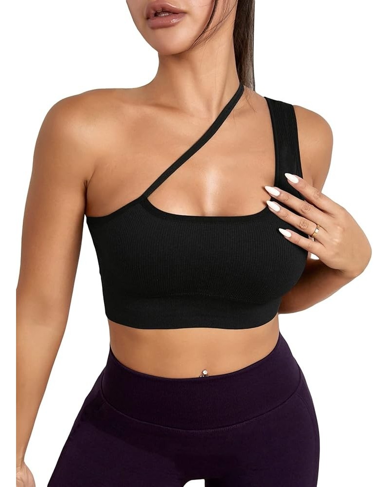 Women's One Shoulder Sports Bra Cut Out Sleeveless Workout Running Yoga Crop Top Black $13.43 Lingerie