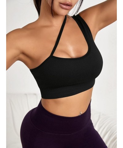 Women's One Shoulder Sports Bra Cut Out Sleeveless Workout Running Yoga Crop Top Black $13.43 Lingerie