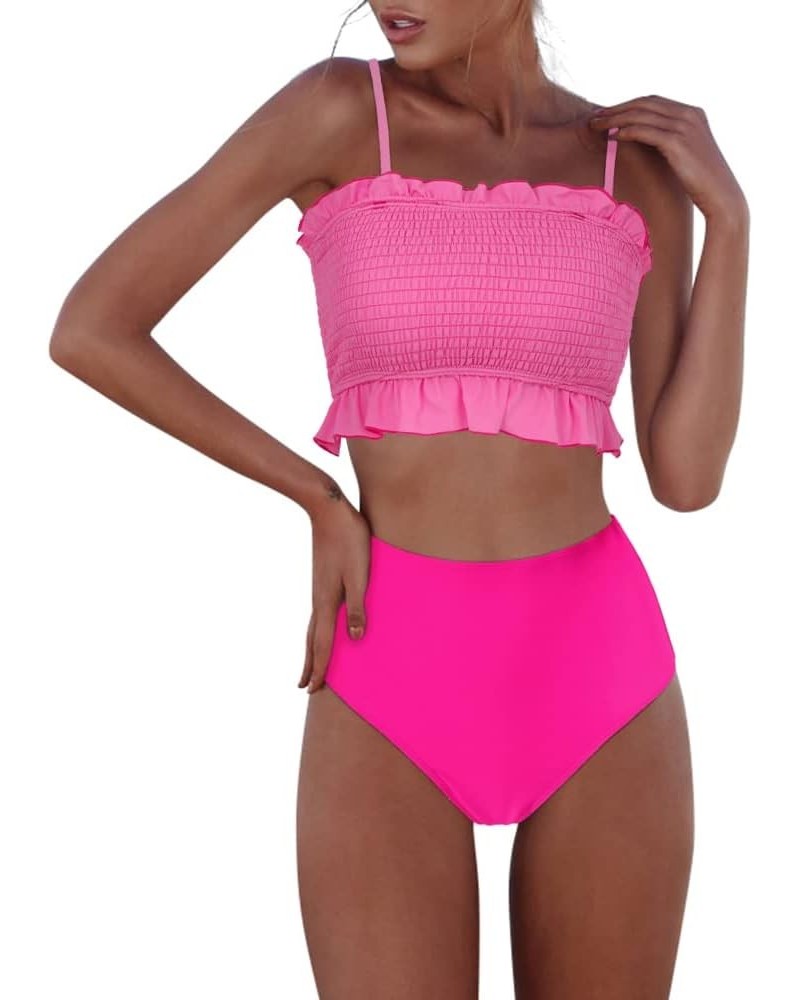 Womens Shirred Bandeau Bikini Cute Two Piece Swimsuit Off Shoulder High Waist Bathing Suit Hot Pink -3 $14.08 Swimsuits