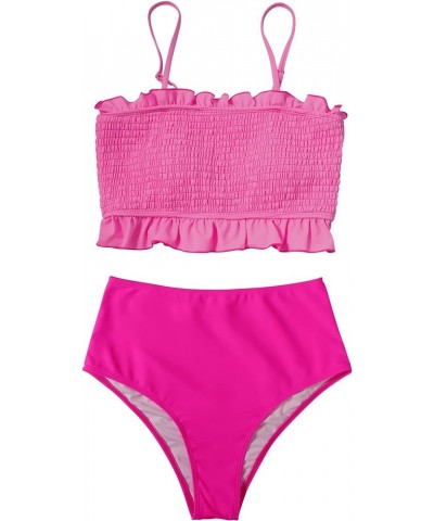 Womens Shirred Bandeau Bikini Cute Two Piece Swimsuit Off Shoulder High Waist Bathing Suit Hot Pink -3 $14.08 Swimsuits