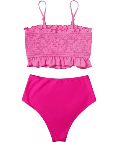 Womens Shirred Bandeau Bikini Cute Two Piece Swimsuit Off Shoulder High Waist Bathing Suit Hot Pink -3 $14.08 Swimsuits