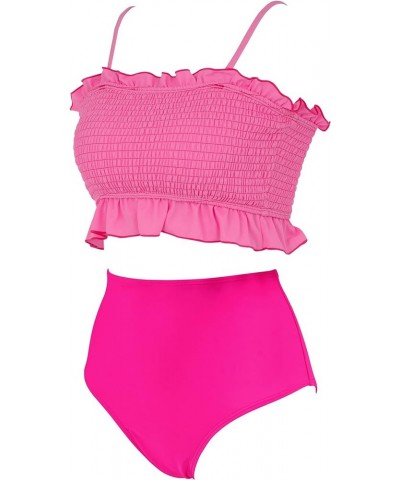 Womens Shirred Bandeau Bikini Cute Two Piece Swimsuit Off Shoulder High Waist Bathing Suit Hot Pink -3 $14.08 Swimsuits