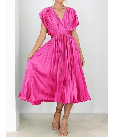 Elegant Satin V Neck Pleated Midi Dress Short Sleeve Formal High Waisted Flowy Long Summer Dresses for Women 2023 Rose Red $2...