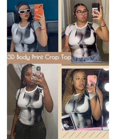 Y2k 3D Body Print Crop Top - Sexy Womens Graphic Tees Crew Neck Aesthetic Clothes Long Short Sleeve Trendy T Shirts Short Whi...