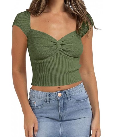 Women's Twist Knot Sweetheart Neck Crop Top Sexy Short Sleeve Ribbed Knit Slim Fit Solid Cropped Tee Shirt Tops Green $13.74 ...