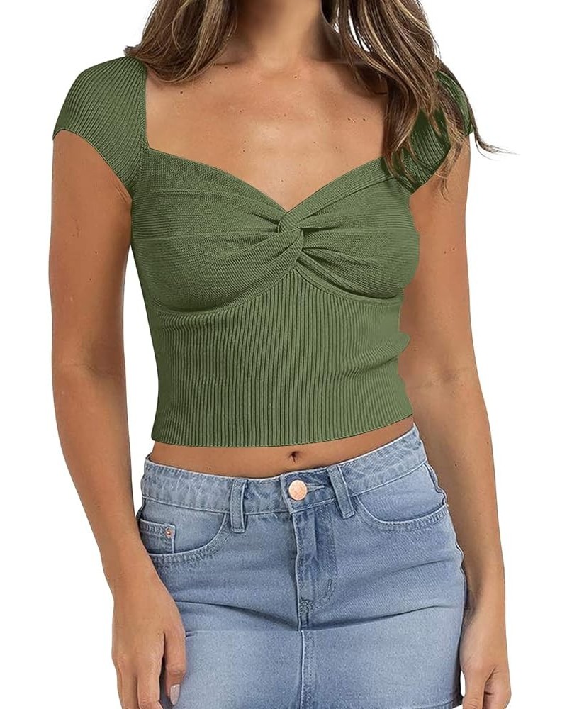 Women's Twist Knot Sweetheart Neck Crop Top Sexy Short Sleeve Ribbed Knit Slim Fit Solid Cropped Tee Shirt Tops Green $13.74 ...