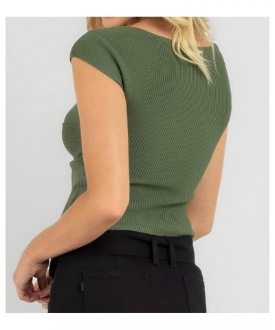 Women's Twist Knot Sweetheart Neck Crop Top Sexy Short Sleeve Ribbed Knit Slim Fit Solid Cropped Tee Shirt Tops Green $13.74 ...