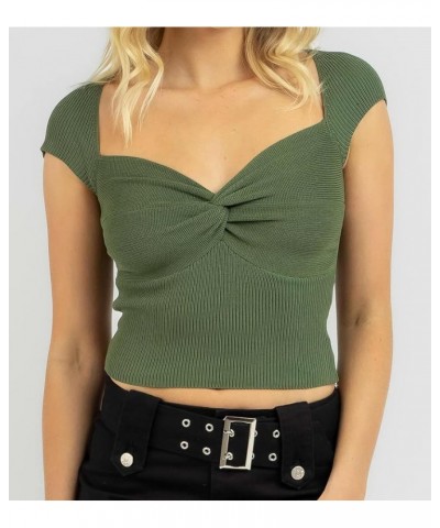 Women's Twist Knot Sweetheart Neck Crop Top Sexy Short Sleeve Ribbed Knit Slim Fit Solid Cropped Tee Shirt Tops Green $13.74 ...