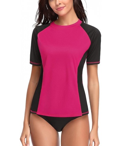 Women's UPF 50+ Short Sleeved Active Rashguard Solid Workout Top Sports Swim Tee B Red Black $18.47 Swimsuits