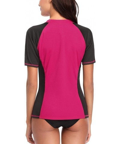 Women's UPF 50+ Short Sleeved Active Rashguard Solid Workout Top Sports Swim Tee B Red Black $18.47 Swimsuits