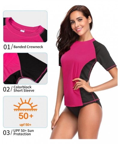 Women's UPF 50+ Short Sleeved Active Rashguard Solid Workout Top Sports Swim Tee B Red Black $18.47 Swimsuits