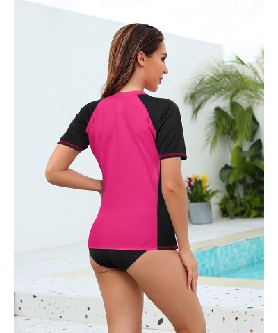 Women's UPF 50+ Short Sleeved Active Rashguard Solid Workout Top Sports Swim Tee B Red Black $18.47 Swimsuits