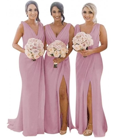 V Neck Bridesmaid Dresses Long with Slit for Women Ruched Chiffon Formal Evening Gowns Dusty Pink $30.79 Dresses